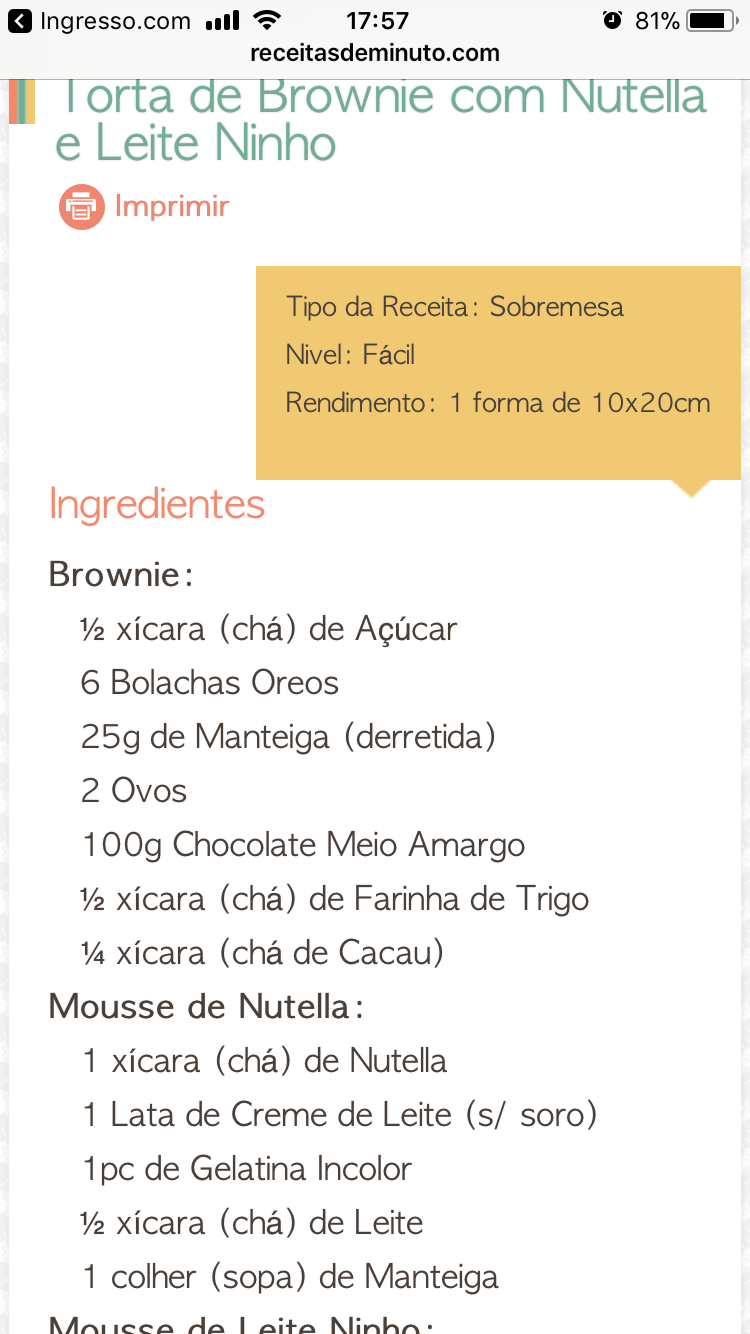 Torta Brownie de Nutella e Leite Ninho